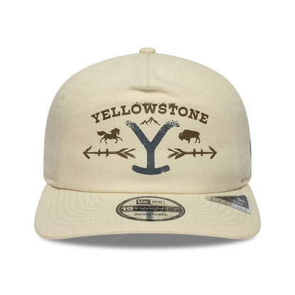 Paramount Yellowstone Light Beige New Era 19TWENTY Adjustable Cap, front view with a brown embroidered Yellowstone Y logo featuring a horse and bison, arrows and mountain details on the light beige crown, and a 19TWENTY size sticker on the visor.