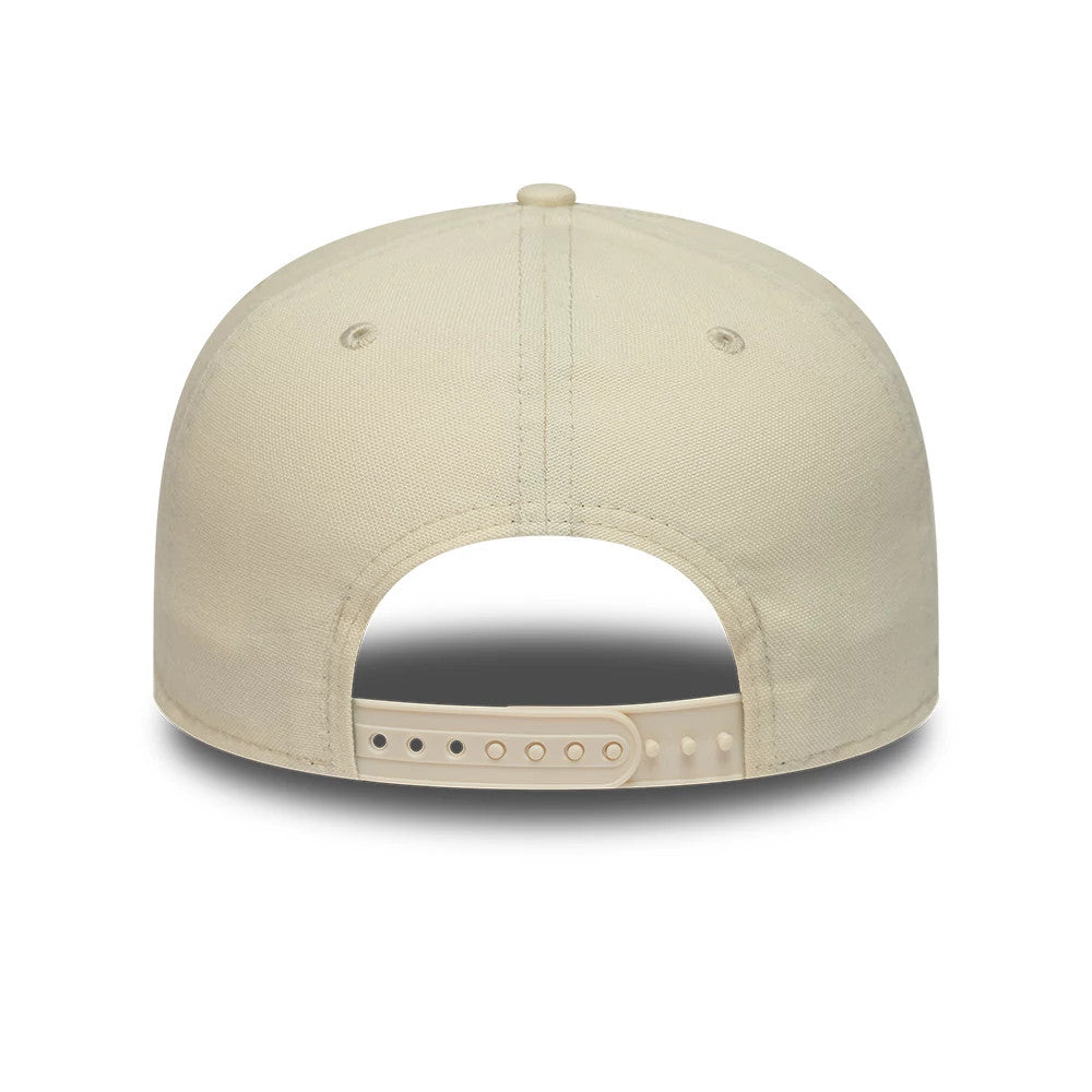 Paramount Yellowstone Light Beige New Era 19TWENTY Adjustable Cap, rear view showing the unstructured light beige crown with matching top button, two embroidered eyelets on each side, and an adjustable snapback closure for a customised fit.
