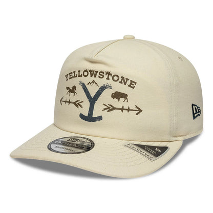 Paramount Yellowstone Light Beige New Era 19TWENTY Adjustable Cap, front view showing the brown embroidered Yellowstone logo with mountain, horse, buffalo, and arrow graphics on the structured beige crown, with a flat beige visor and size sticker.