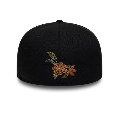 New Era Floral Black 59FIFTY Fitted Cap, rear view showing the intricate orange and brown floral embroidery with green leaves placed off-centre on the structured black crown, with matching black eyelets and a top button.