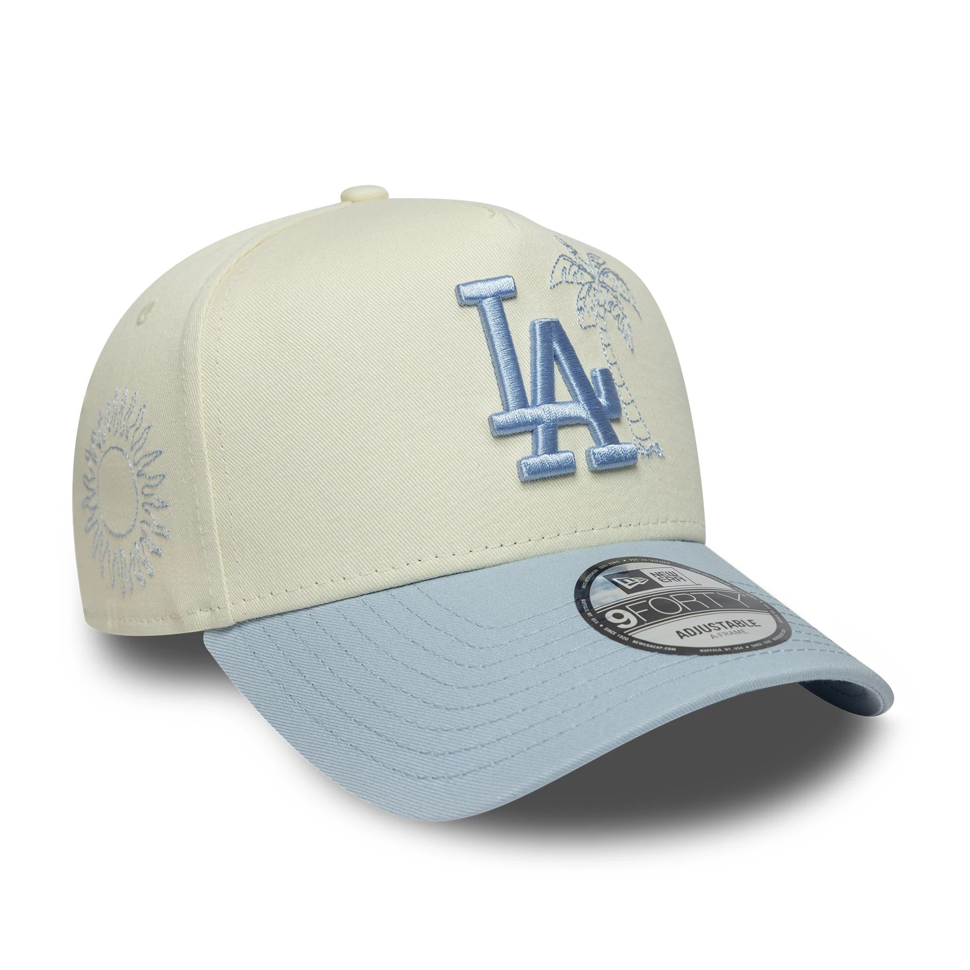 Pictured is this MLB Palm LA Dodgers 9FORTY A-Frame cap in white & blue. 3