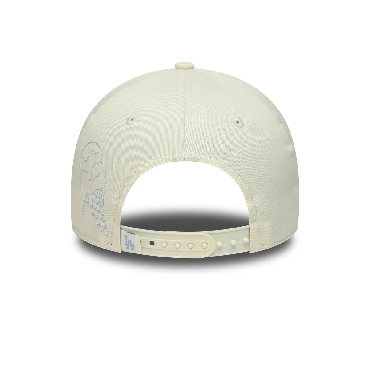 LA Dodgers MLB Palm White & Blue New Era 9FORTY A-Frame Adjustable Cap, rear view showing a light blue embroidered ice cream cone graphic on the left back panel, the LA logo on the adjustable strap, and the cream structured crown.