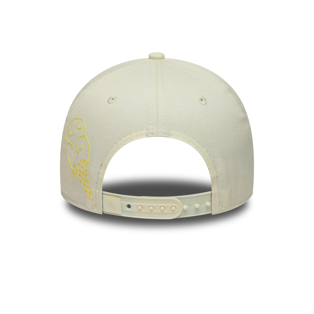 Chicago White Sox MLB Palm White & Yellow New Era 9FORTY A-Frame Adjustable Cap, rear view showing the yellow embroidered ice cream graphic on the left panel and an adjustable snapback closure, with the New Era flag logo tab on the strap.
