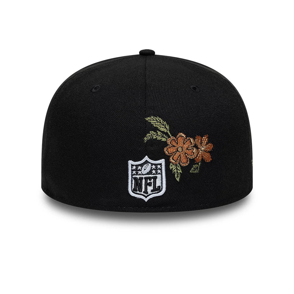 Las Vegas Raiders NFL Floral Black New Era 59FIFTY Fitted Cap, rear view showing a white embroidered NFL shield logo centred on the back panels, with floral embroidery in orange and green on the right, set against the structured black crown.