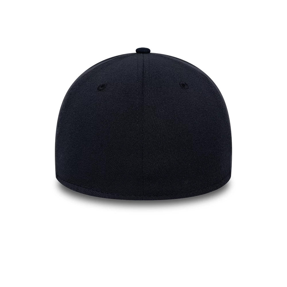 New Era Suede Visor Navy 39THIRTY Stretch Fit Cap, rear view showing a navy fabric covering the structured back panels, complemented by a matching top button and vent eyelets for a seamless and finish.
