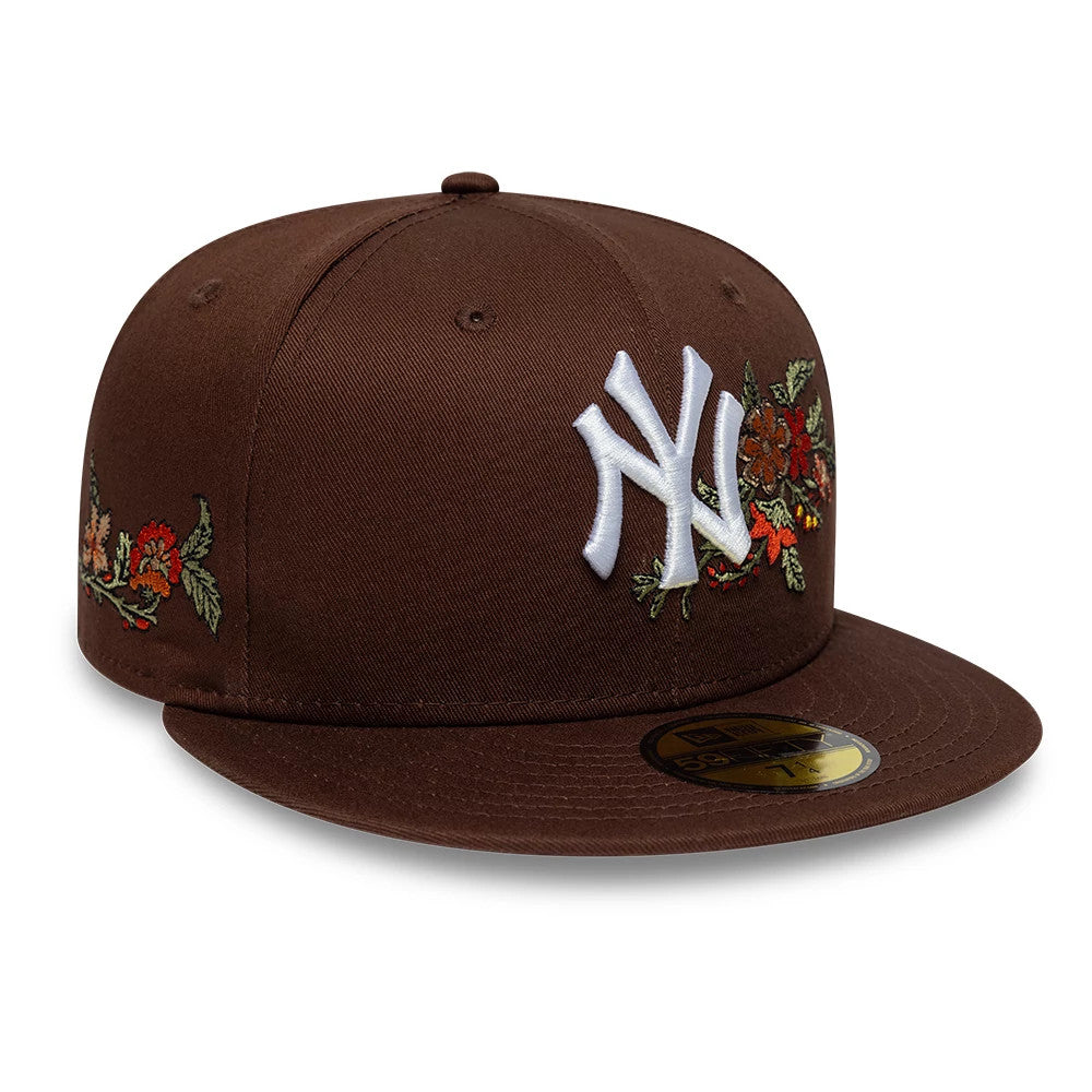 Pictured is this MLB Floral New York Yankees 59FIFTY Fitted cap in dark brown. 1