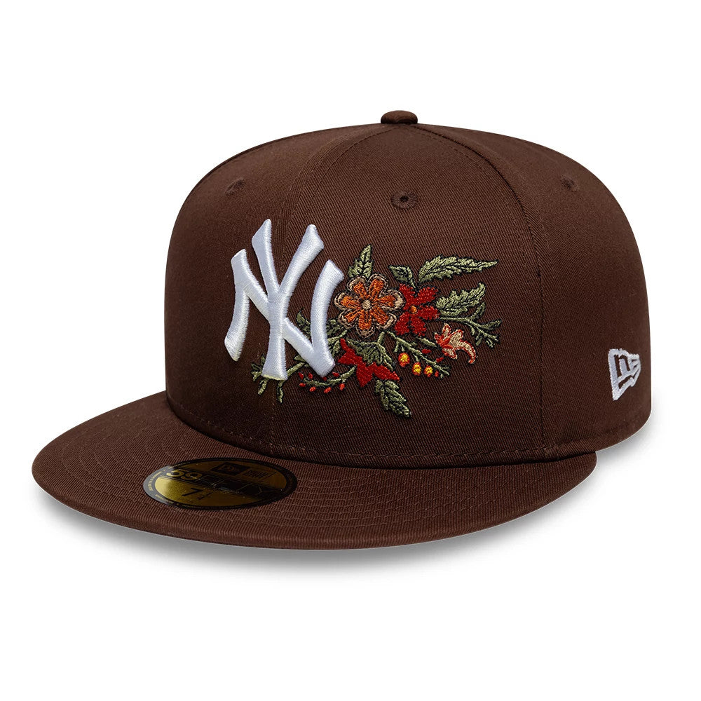 New York Yankees MLB Floral Dark Brown New Era 59FIFTY Fitted Cap, front view showing the white raised embroidered NY logo alongside intricate multicolour floral embroidery on the front panel.