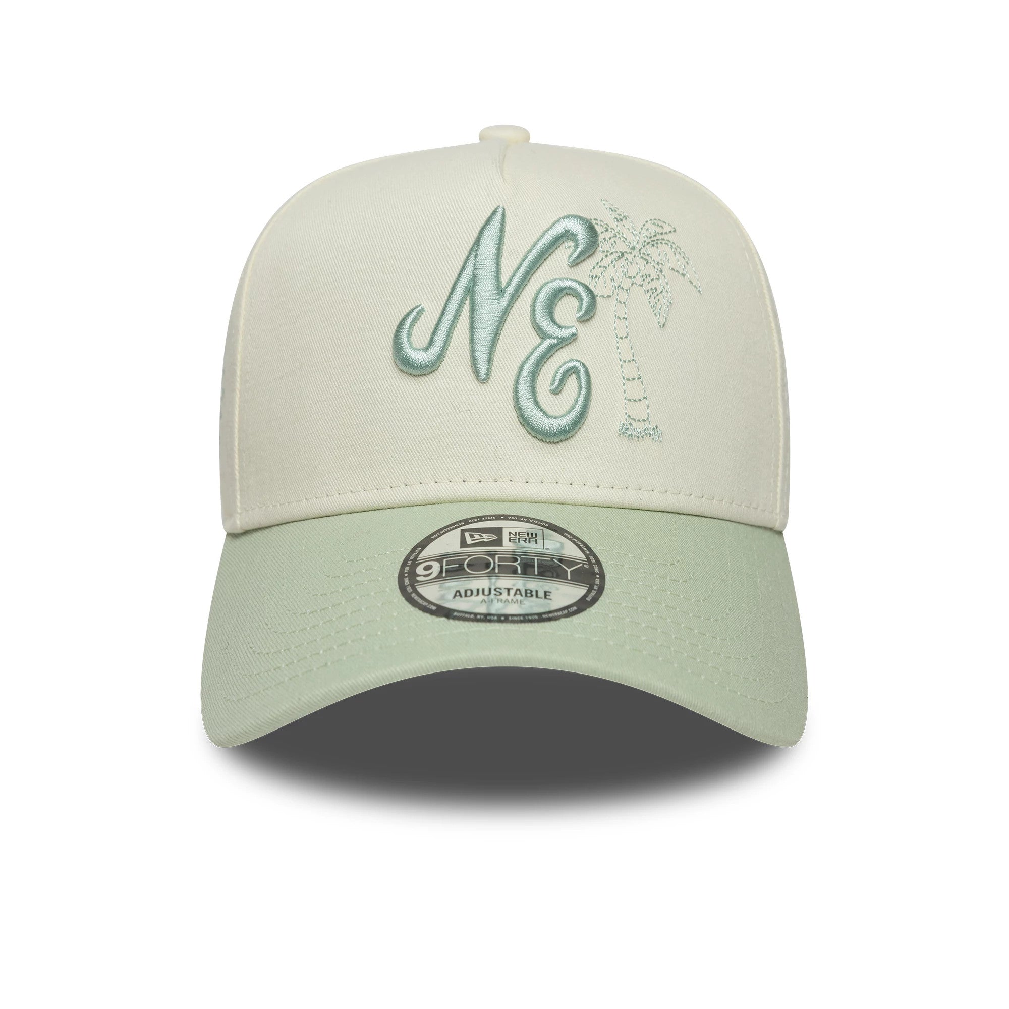 Pictured is this New Era Palm 9FORTY A-Frame cap in white & green. 2