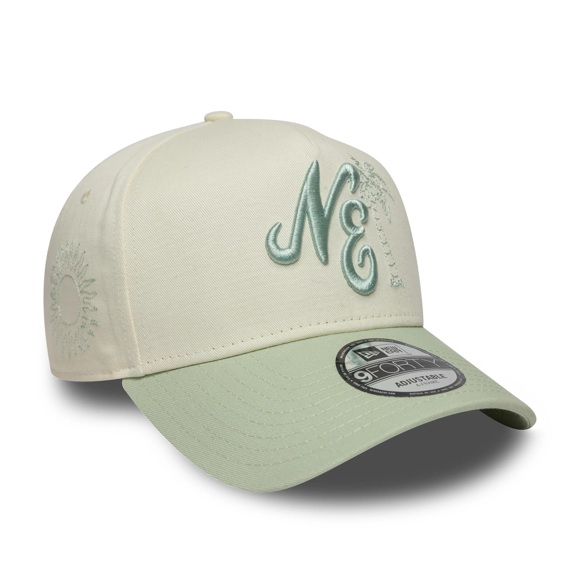 Pictured is this New Era Palm 9FORTY A-Frame cap in white & green. 3