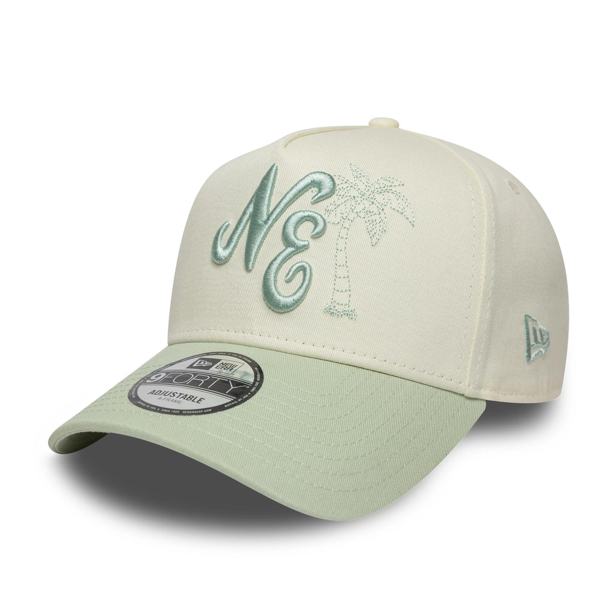 Pictured is this New Era Palm 9FORTY A-Frame cap in white & green. 1