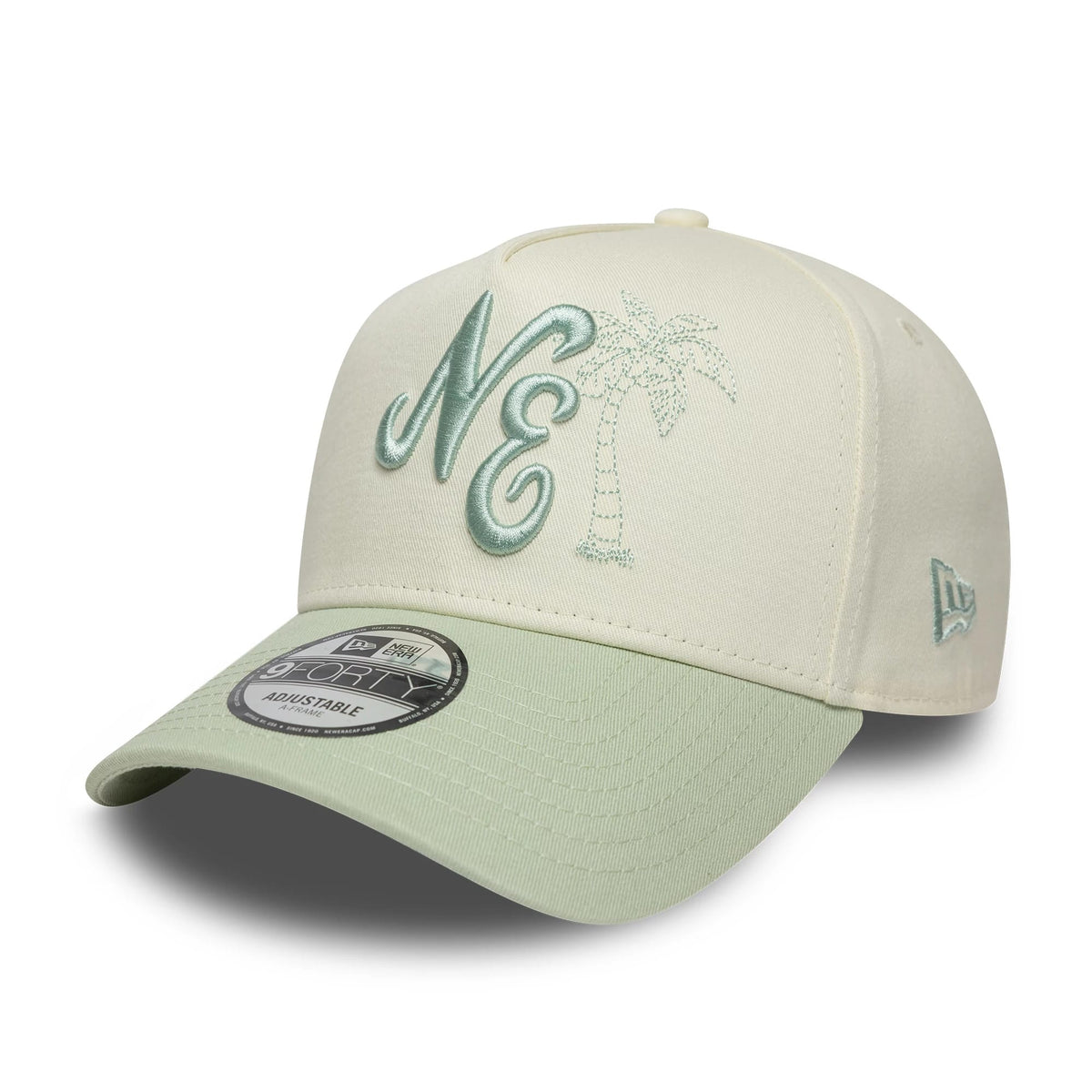 Pictured is this New Era Palm 9FORTY A-Frame cap in white & green. 1