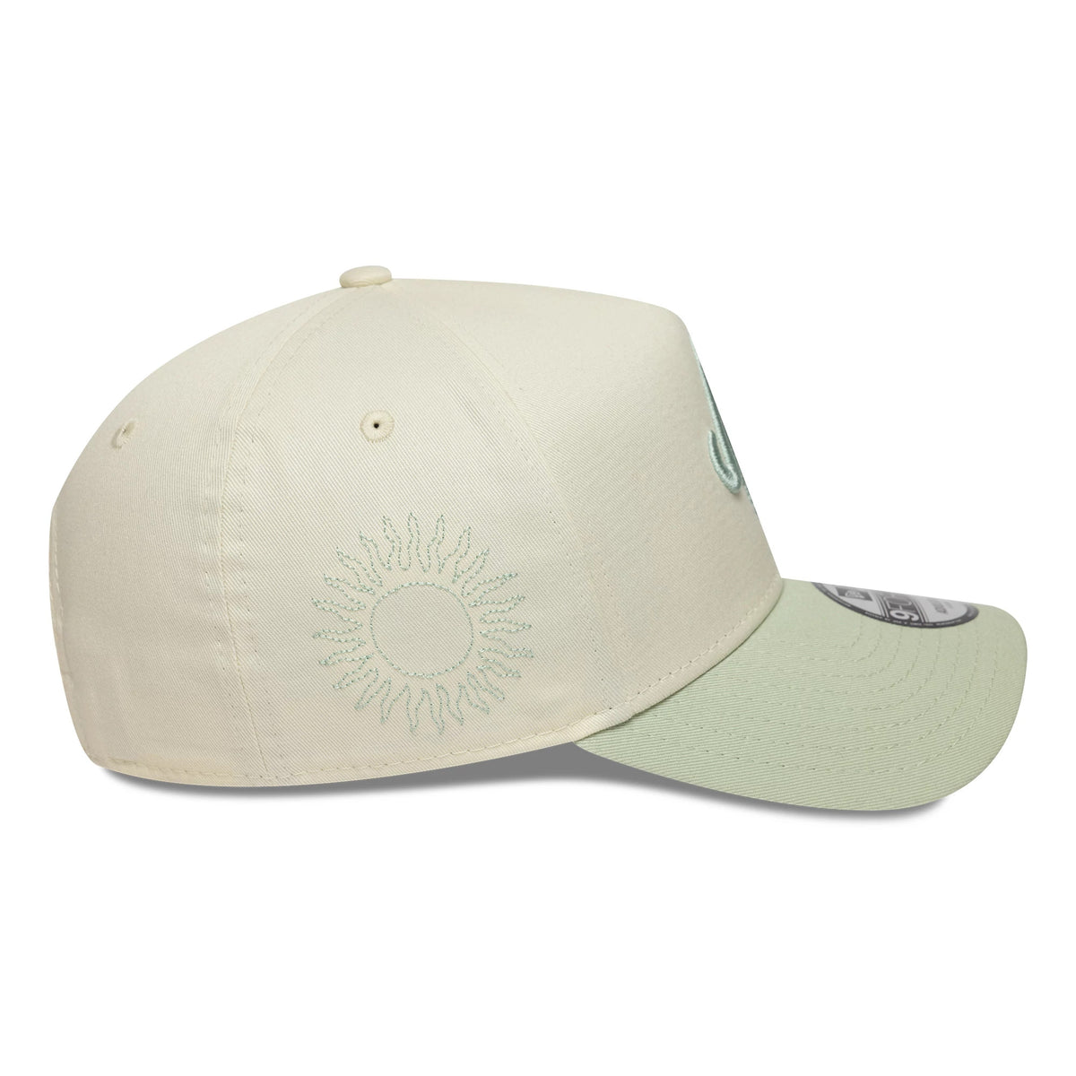 Pictured is this New Era Palm 9FORTY A-Frame cap in white & green. 7