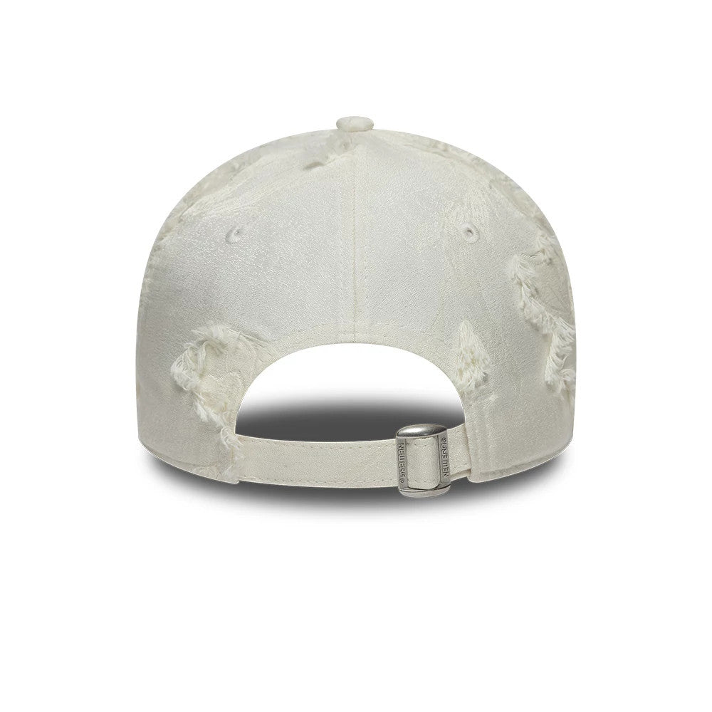 New York Yankees MLB Frayed Cream New Era 9TWENTY Adjustable Cap, rear view showing the distressed cream fabric on the crown, an opening above the adjustable strap with a buckle, and embroidered eyelets on the panels.