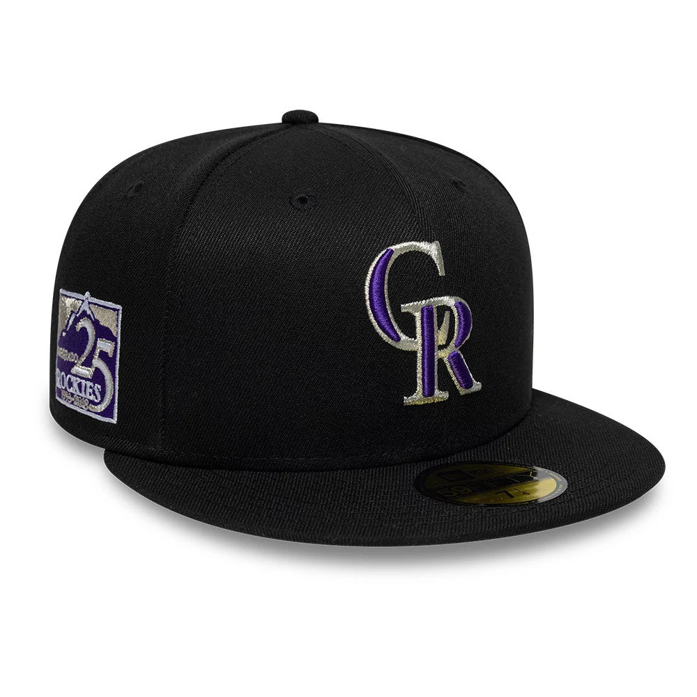 Pictured is this MLB Cooperstown Colorado Rockies 59FIFTY Fitted cap in black. 1