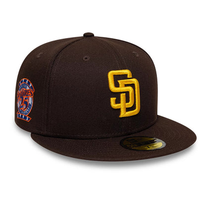 Pictured is this MLB Cooperstown San Diego Padres 59FIFTY Fitted cap in dark brown. 1