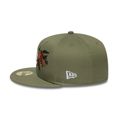 LA Dodgers MLB Floral Dark Green New Era 59FIFTY Fitted Cap, side view showing the white New Era flag logo on the left side, a detailed floral embroidery on the front panel, and a flat dark green visor with a gold 59FIFTY size sticker.