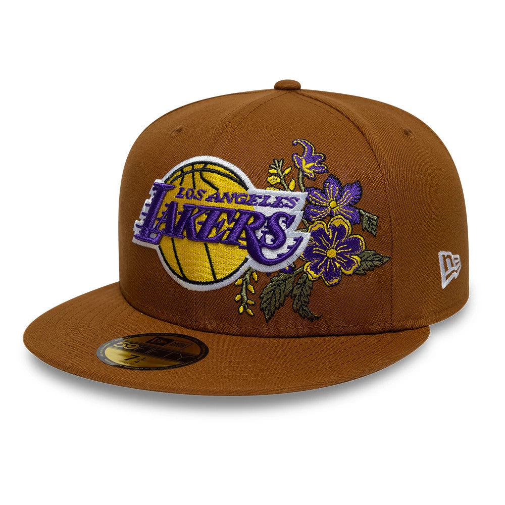Pictured is this NBA Floral LA Lakers 59FIFTY Fitted cap in brown. 3