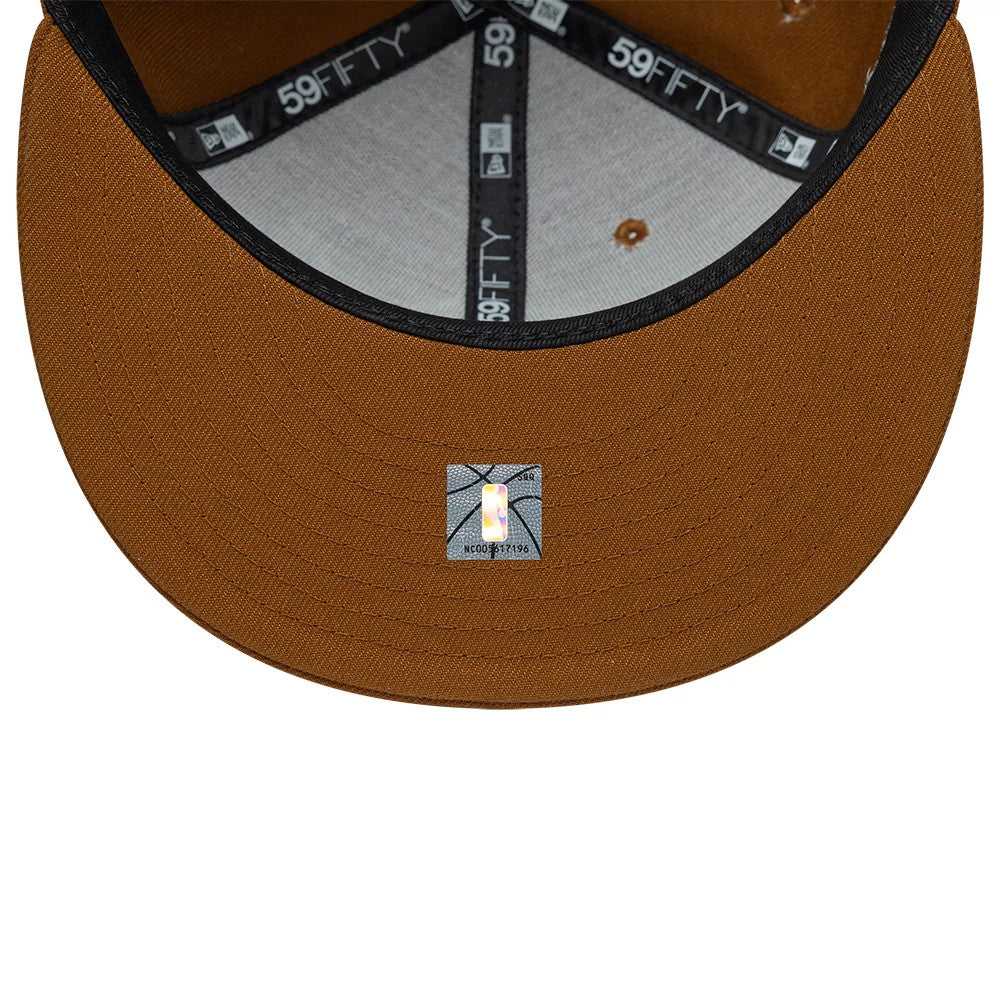 LA Lakers NBA Floral Brown New Era 59FIFTY Fitted Cap, inside view showing the dark brown undervisor with an authenticity sticker, black 59FIFTY taping along the seam, and a grey sweatband.