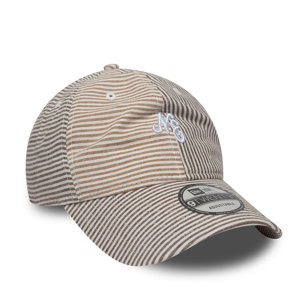Pictured is this New Era Stripe Brand New Era 9TWENTY cap in beige and brown. 3