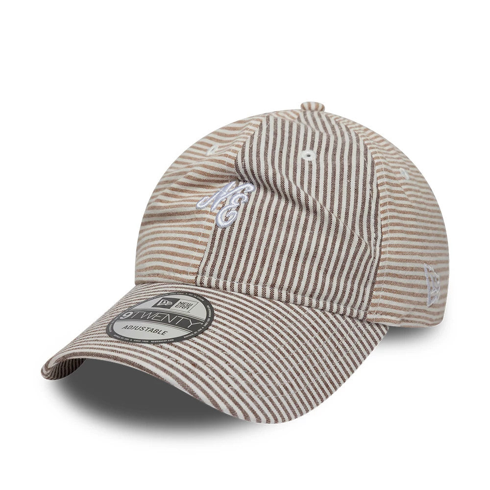 Pictured is this New Era Stripe 9TWENTY cap in beige and brown. 1