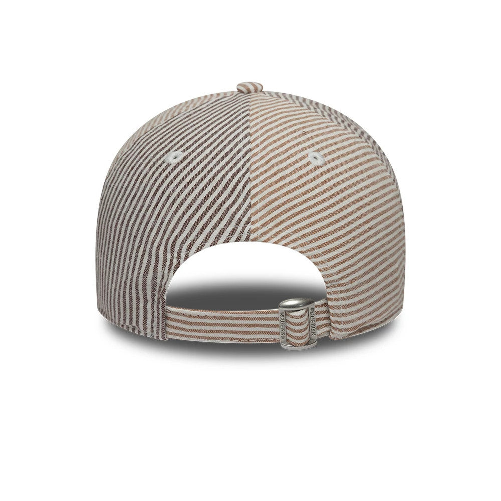 Pictured is this New Era Stripe Brand New Era 9TWENTY cap in beige and brown. 4