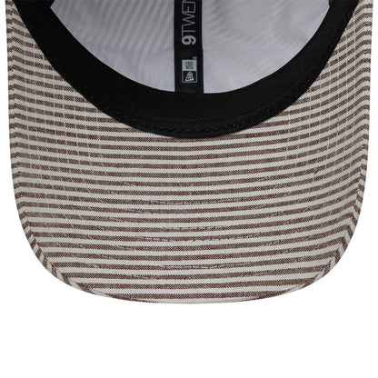 Pictured is this New Era Stripe Brand New Era 9TWENTY cap in beige and brown. 7