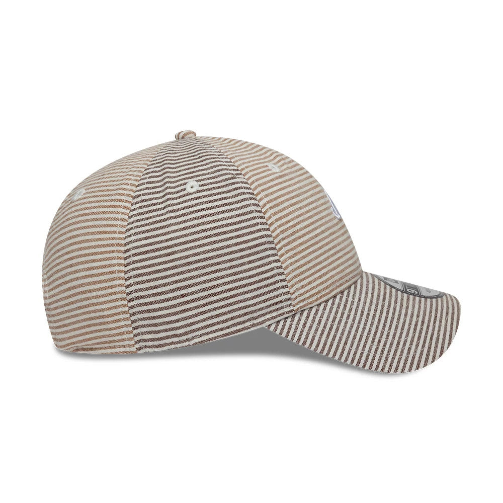 Pictured is this New Era Stripe Brand New Era 9TWENTY cap in beige and brown. 6