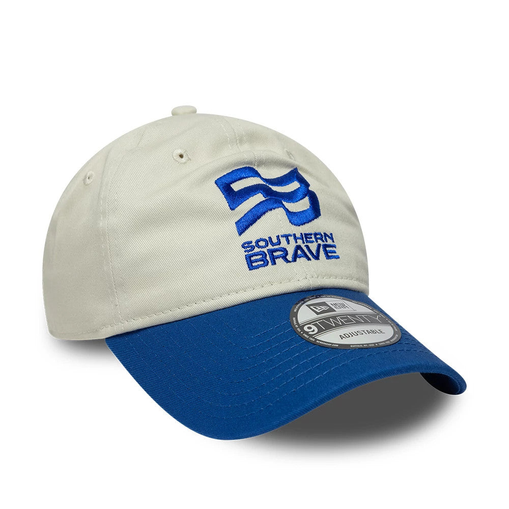 Pictured is this The Hundred 2026 Southern Brave 9TWENTY Adjustable cap in light beige & blue. 3