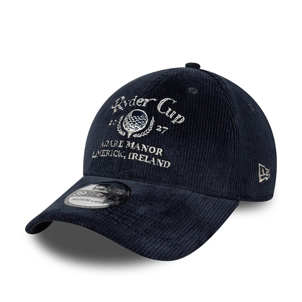 Ryder Cup 2027 Cord Navy New Era 39THIRTY Stretch Fit Cap, three-quarter view showing white embroidered Ryder Cup logo and Adare Manor, Limerick, Ireland lettering on the front panel.