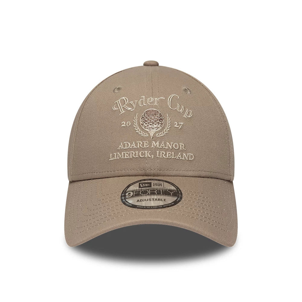 Ryder Cup 2027 Light Brown New Era 9FORTY Adjustable Cap, front view showing the detailed white embroidered Ryder Cup logo, Adare Manor text on the structured crown, and the curved visor with a 9FORTY size sticker.