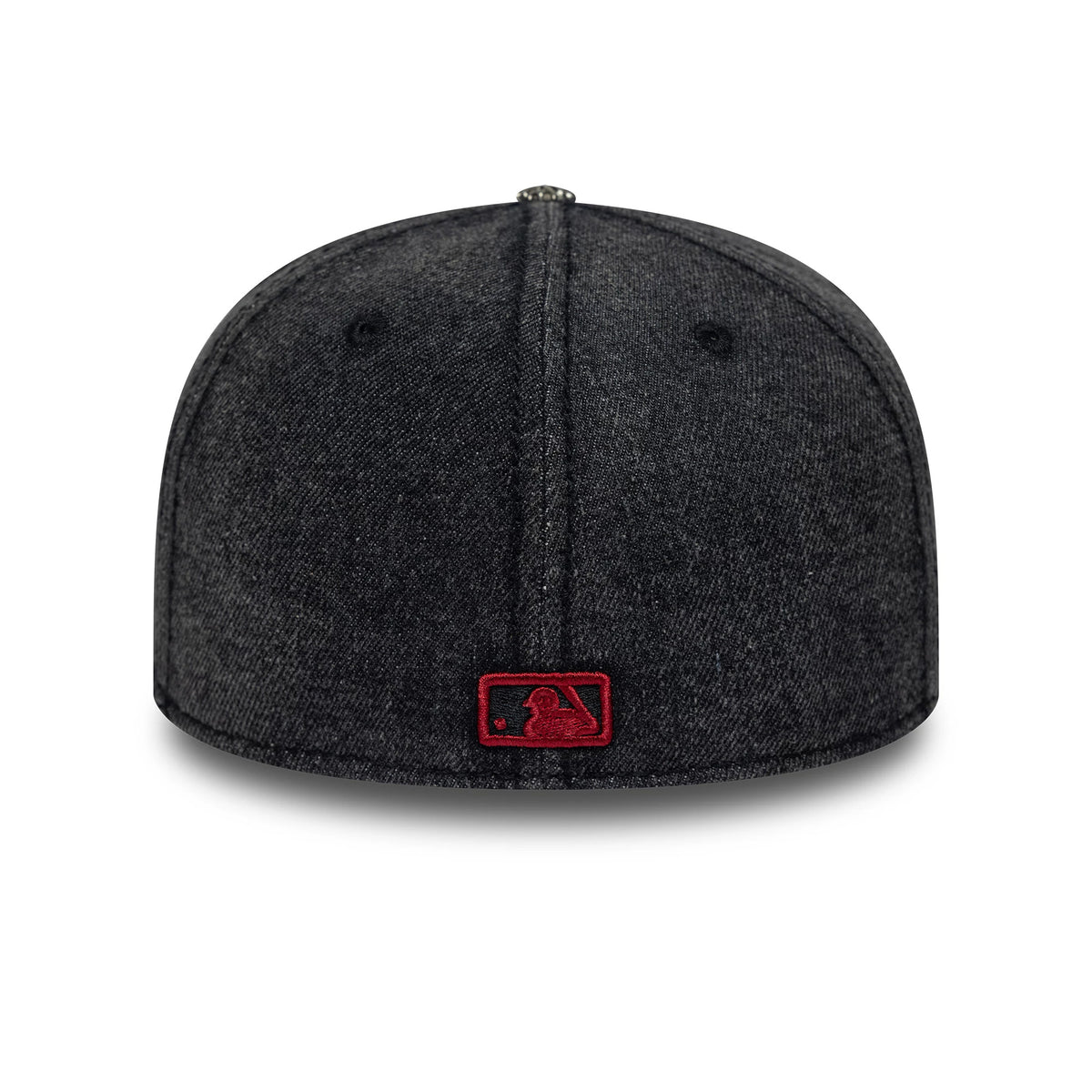 New York Yankees MLB Hardware Washed Black New Era 59FIFTY Fitted Cap, rear view featuring a red embroidered MLB Batterman logo at the centre of the back panels, with a textured washed black finish and top button detail.