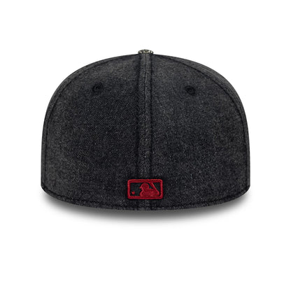 New York Yankees MLB Hardware Washed Black New Era 59FIFTY Fitted Cap, rear view featuring a red embroidered MLB Batterman logo at the centre of the back panels, with a textured washed black finish and top button detail.