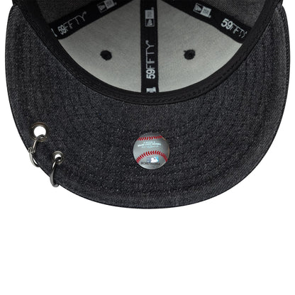 New York Yankees MLB Hardware Washed Black New Era 59FIFTY Fitted Cap, inside view showing the grey inner taping with multiple 59FIFTY logos, a grey sweatband against the black fabric.