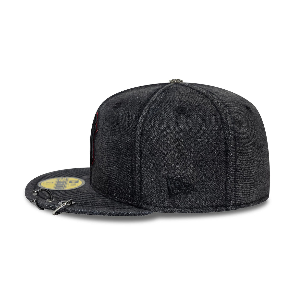 New York Yankees MLB Hardware Washed Black New Era 59FIFTY Fitted Cap, side view showing a black New Era flag logo on the left side of the structured washed black crown, with a flat visor featuring a 59FIFTY size sticker.