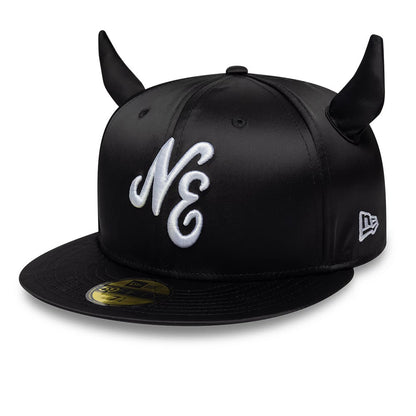Pictured is this New Era Satin Horn 59FIFTY Fitted cap in black. 1
