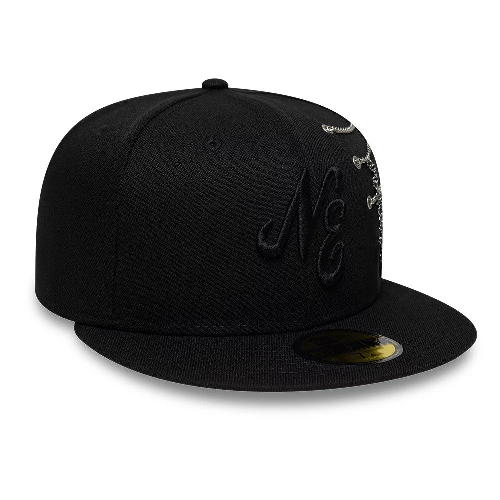 New Era Spider Pin Chain Black 59FIFTY Fitted Cap, three-quarter view showing a raised black embroidered NE logo on the front panel, intricate silver chain design partially on the side, and a gold 59FIFTY size sticker on the flat black visor.