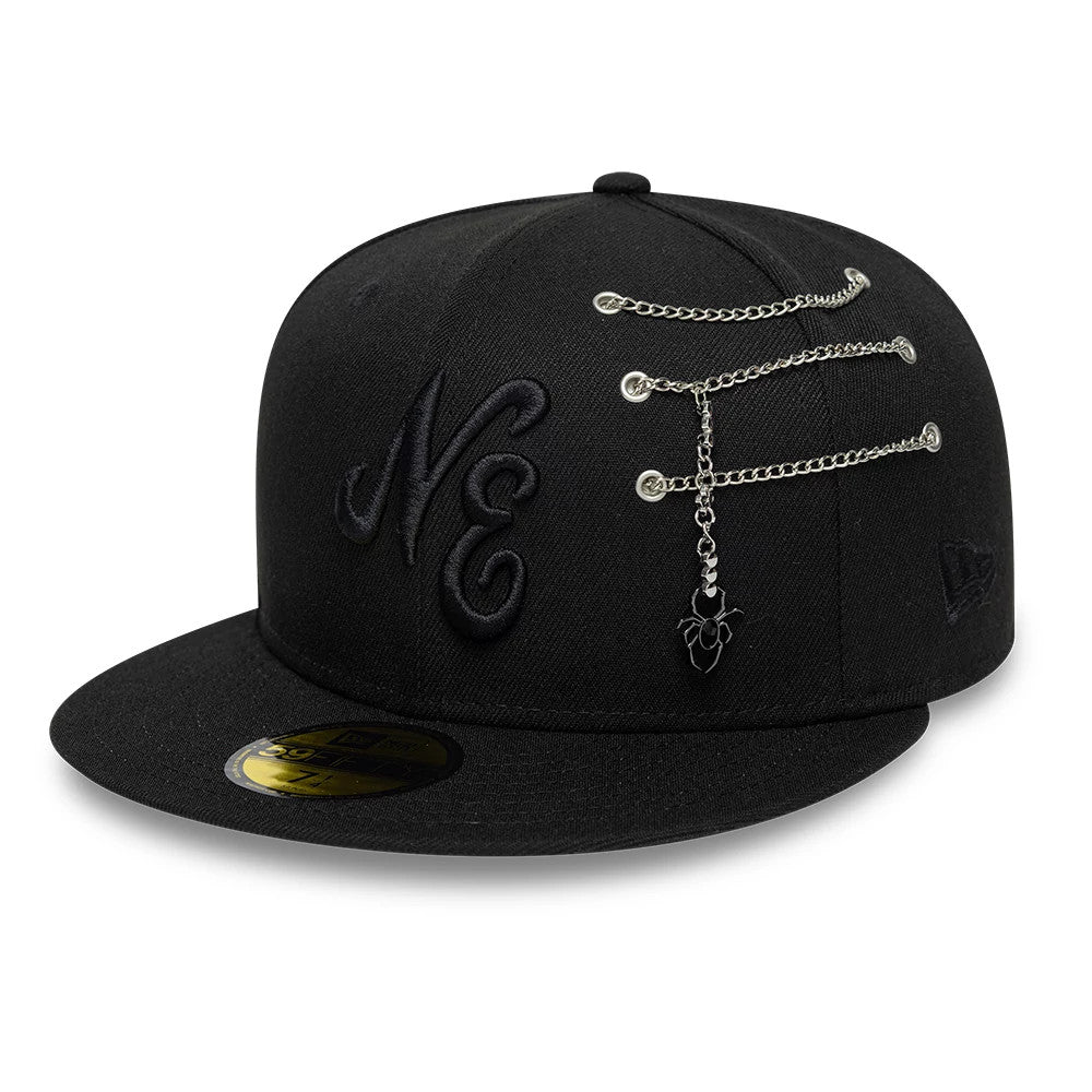New Era Spider Pin Chain Black 59FIFTY Fitted Cap, three-quarter view showing the black embroidered NE logo on the front panel, intricate pin chains across the top right section, and a gold 59FIFTY size sticker on the flat visor.