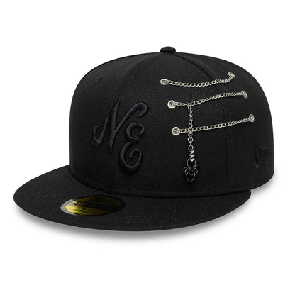 New Era Spider Pin Chain Black 59FIFTY Fitted Cap, three-quarter view showing the black embroidered NE logo on the front panel, intricate pin chains across the top right section, and a gold 59FIFTY size sticker on the flat visor.