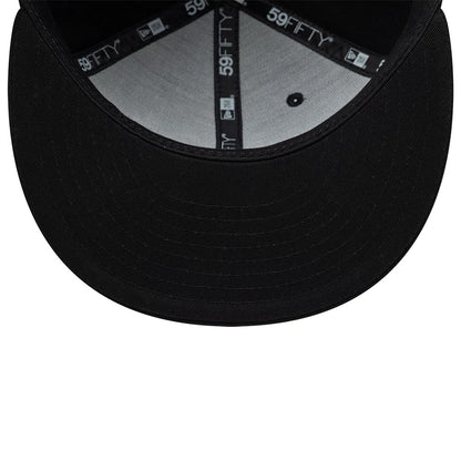New Era Spider Pin Chain Black 59FIFTY Fitted Cap, inside view showing black branded taping along the seams, a grey undervisor, and a black sweatband, highlighting the structured design and quality craftsmanship of the cap's interior.
