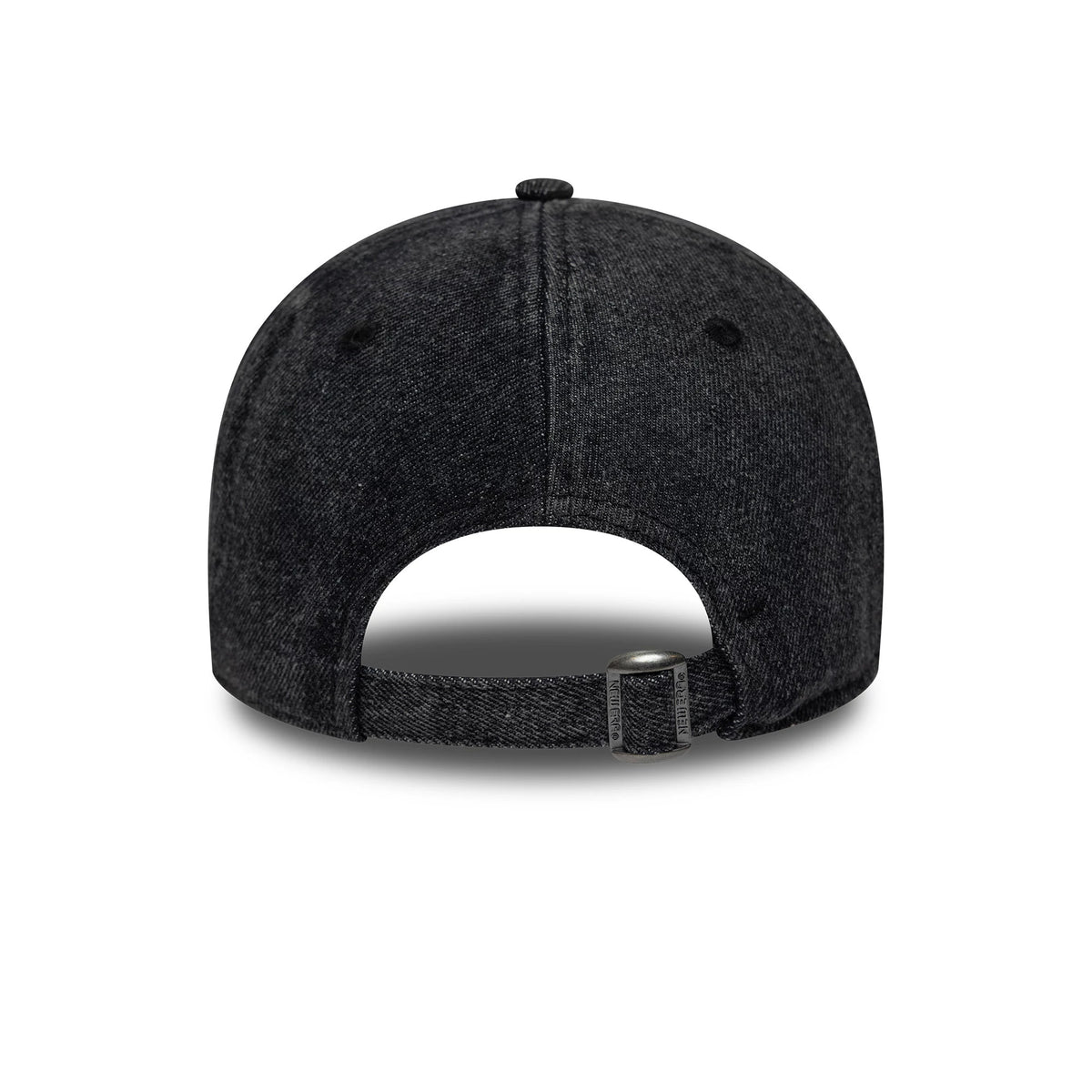 LA Dodgers MLB Hardware Black New Era 9FORTY Adjustable Denim Cap, rear view showing the adjustable strap with buckle, dark denim finish on the unstructured crown, and black top button centred at the back.