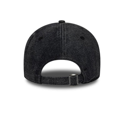 LA Dodgers MLB Hardware Black New Era 9FORTY Adjustable Denim Cap, rear view showing the adjustable strap with buckle, dark denim finish on the unstructured crown, and black top button centred at the back.
