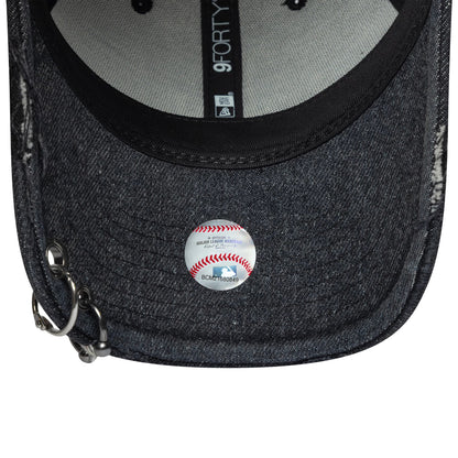LA Dodgers MLB Hardware Black New Era 9FORTY Adjustable Denim Cap, inside view showing grey taping with a 9FORTY label, a black sweatband, part of the denim undervisor, and rings at the edge, baseball button pin fastened to the front panel.
