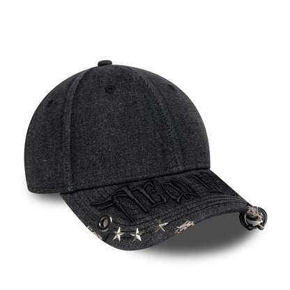 New Era Hardware Washed Black 9FORTY Adjustable Cap, three-quarter view showing raised black embroidery on the curved visor, star studs and an eyelet on the visor, with a distressed and washed black crown.