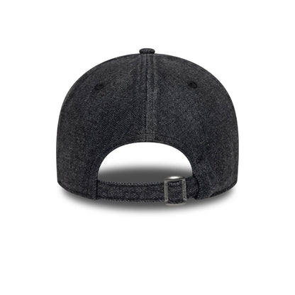 New Era Hardware Washed Black 9FORTY Adjustable Cap, rear view showing the unstructured black washed fabric with a classic curved strap closure, featuring a adjuster engraved with New Era branding, and matching black eyelets.