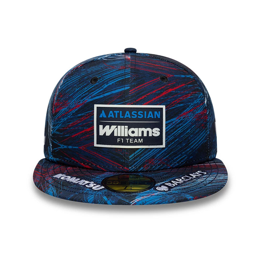 Williams GB Race Special Navy New Era 59FIFTY Fitted Cap, front view showing a large embroidered Williams F1 Team patch in blue and white on the front panel, a blue and red pattern, and a gold 59FIFTY size sticker on the flat visor.