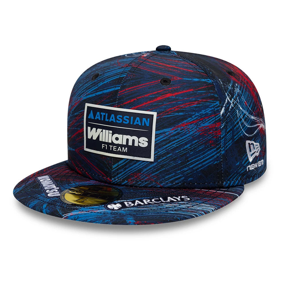 Williams GB Race Special Navy New Era 59FIFTY Fitted Cap, front view showing the large embroidered Atlassian Williams F1 Team logo on the multicoloured patterned crown, a matching flat visor with a gold 59FIFTY size sticker.