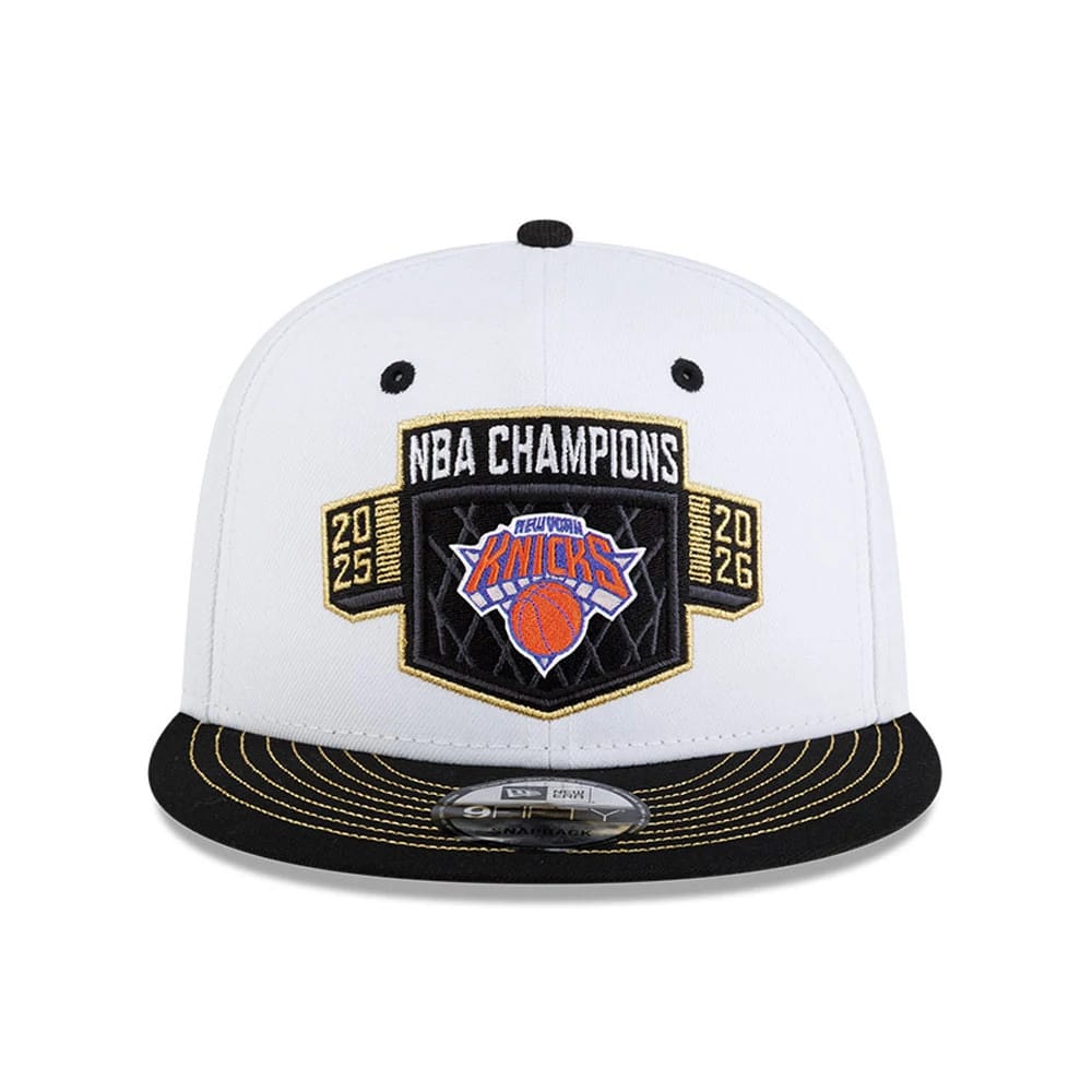Pictured is this NBA Finals Champions 2026 New York Knicks 9FIFTY Snapback cap in white. 3