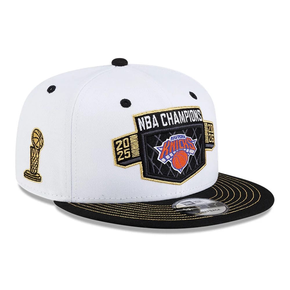 Pictured is this NBA Finals Champions 2026 New York Knicks 9FIFTY Snapback cap in white. 1