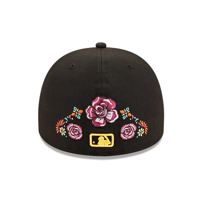 San Diego Padres MLB Day Of The Dead Black New Era 59FIFTY A-Frame Fitted Cap, rear view showing a pink and orange floral embroidery across the centre back above the gold MLB Batterman logo, against a black structured crown.