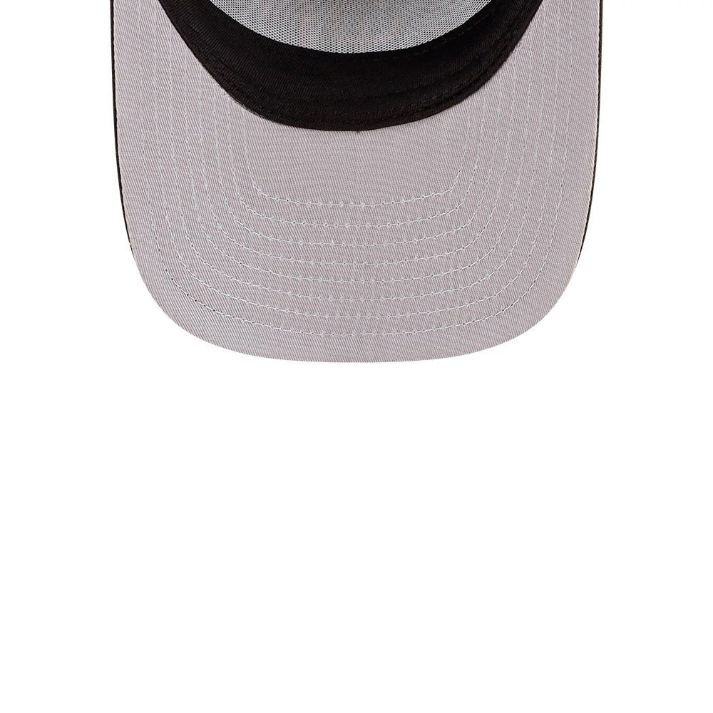 San Diego Padres MLB Day Of The Dead Black New Era 59FIFTY A-Frame Fitted Cap, inside view showing the light grey undervisor with detailed white stitching, black sweatband lining the edge, and inner structure for a snug fit.